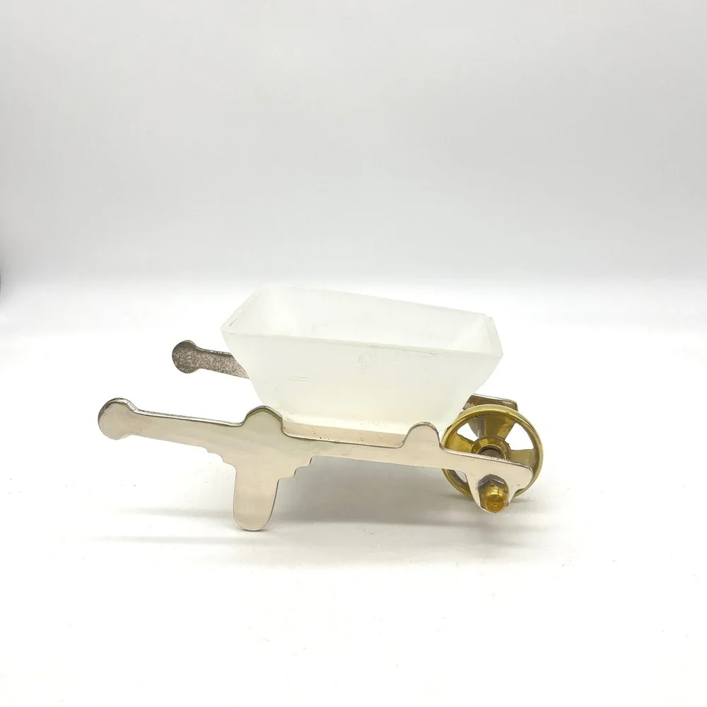 Vintage Frosted Glass & Mixed Metal Miniature Wheelbarrow Trinket Dish Decor‎